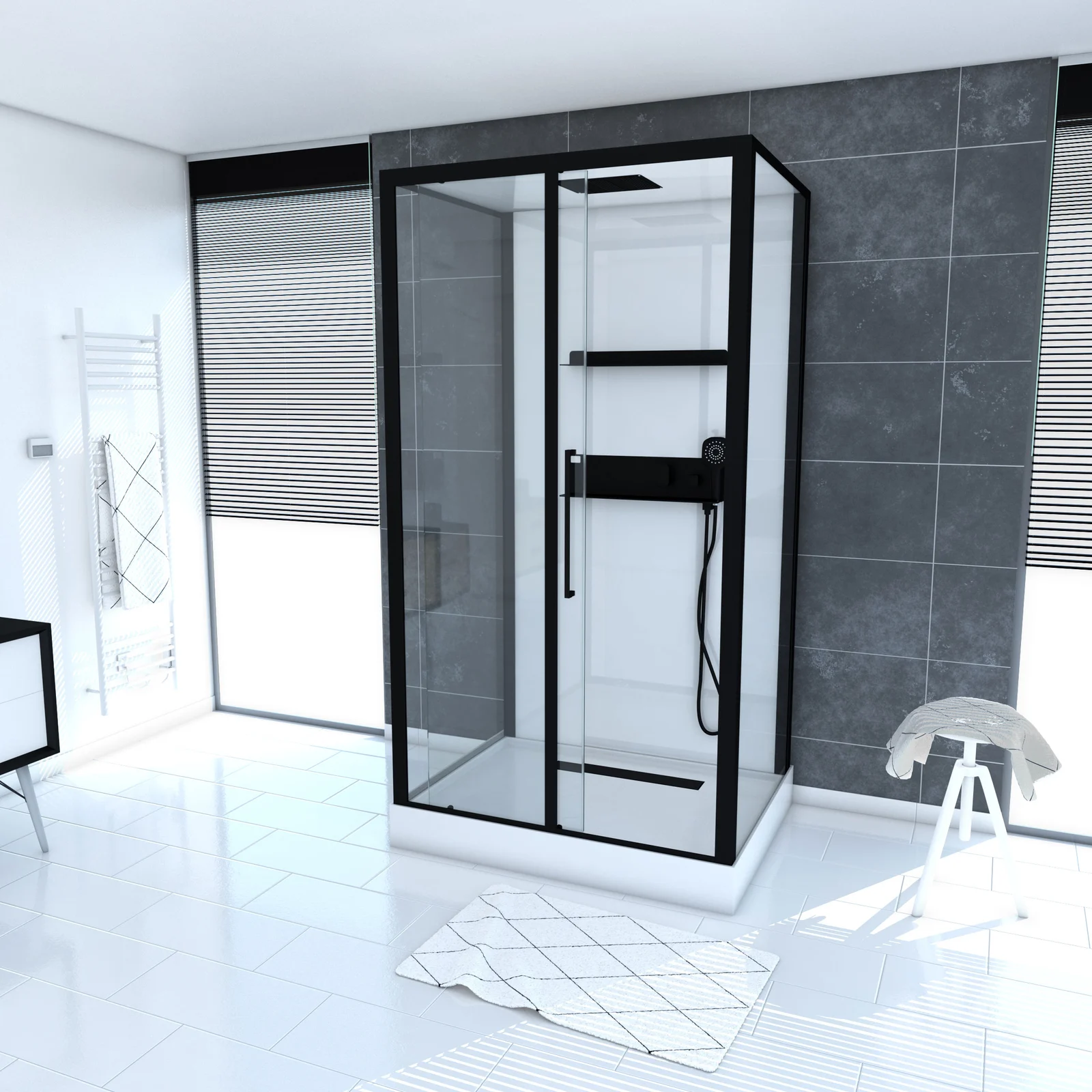 Cabine de douche rectangle 90x115x217cm extra blanc - profilés laqué noir mat - GHOST RECTANGLE Cabine de douche rectangle 90x115x217cm extra blanc - profilés laqué noir mat - GHOST RECTANGLE