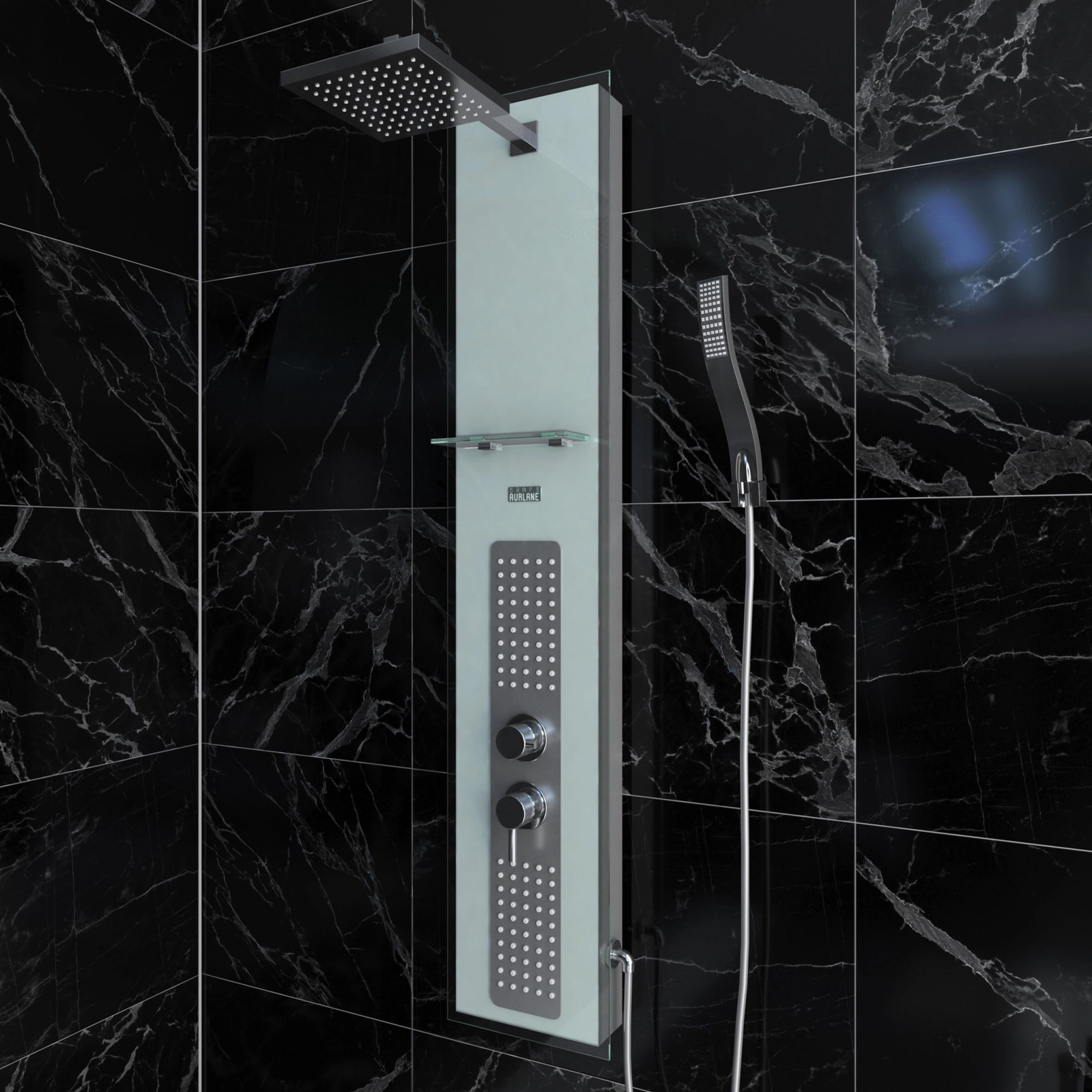 Colonne de douche à hyrdomassage - 22x125cm - en verre trempé avec plaque inox - ALPHA WHITE Colonne de douche à hyrdomassage - 22x125cm - en verre trempé avec plaque inox - ALPHA WHITE
