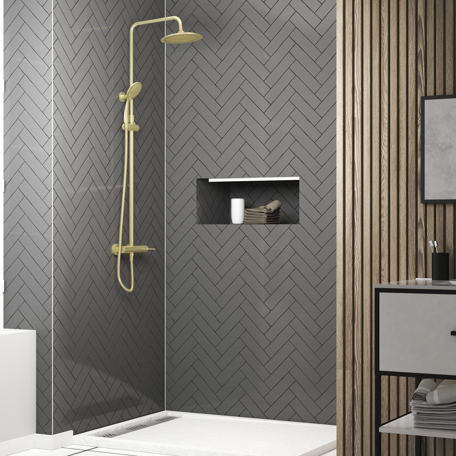 Colonne de douche Mécanique finition Or Brossé - 133x26x52 cm - MOLLY GOLD Colonne de douche Mécanique finition Or Brossé - 133x26x52 cm - MOLLY GOLD