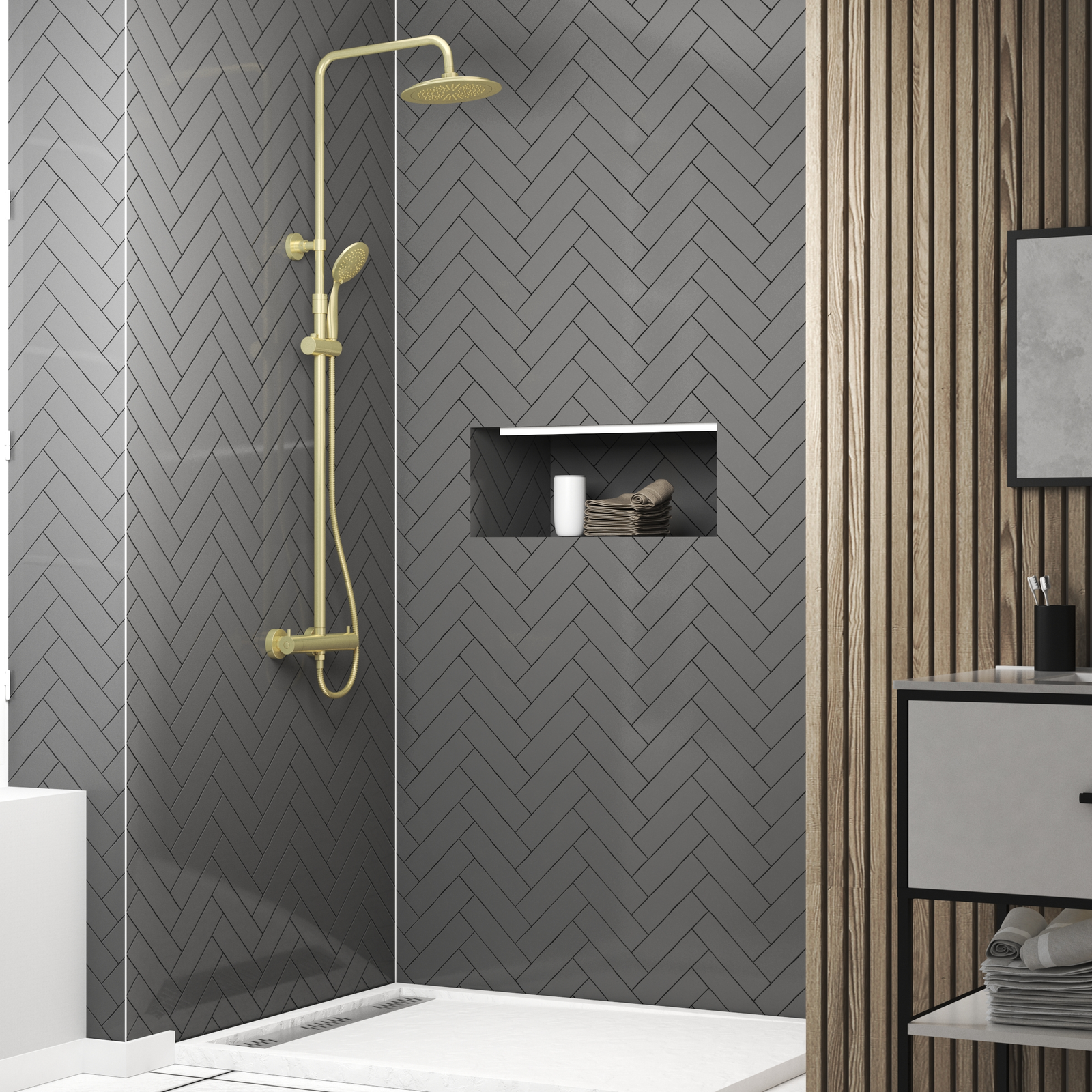 Colonne de douche Thermostatique finition Or Brossé - 133x26x52 cm - MOLLY GOLD Colonne de douche Thermostatique finition Or Brossé - 133x26x52 cm - MOLLY GOLD