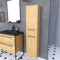 Colonne de salle de bain chêne brun 30x35x150 cm avec 2 portes chêne brun et poignées noir mat