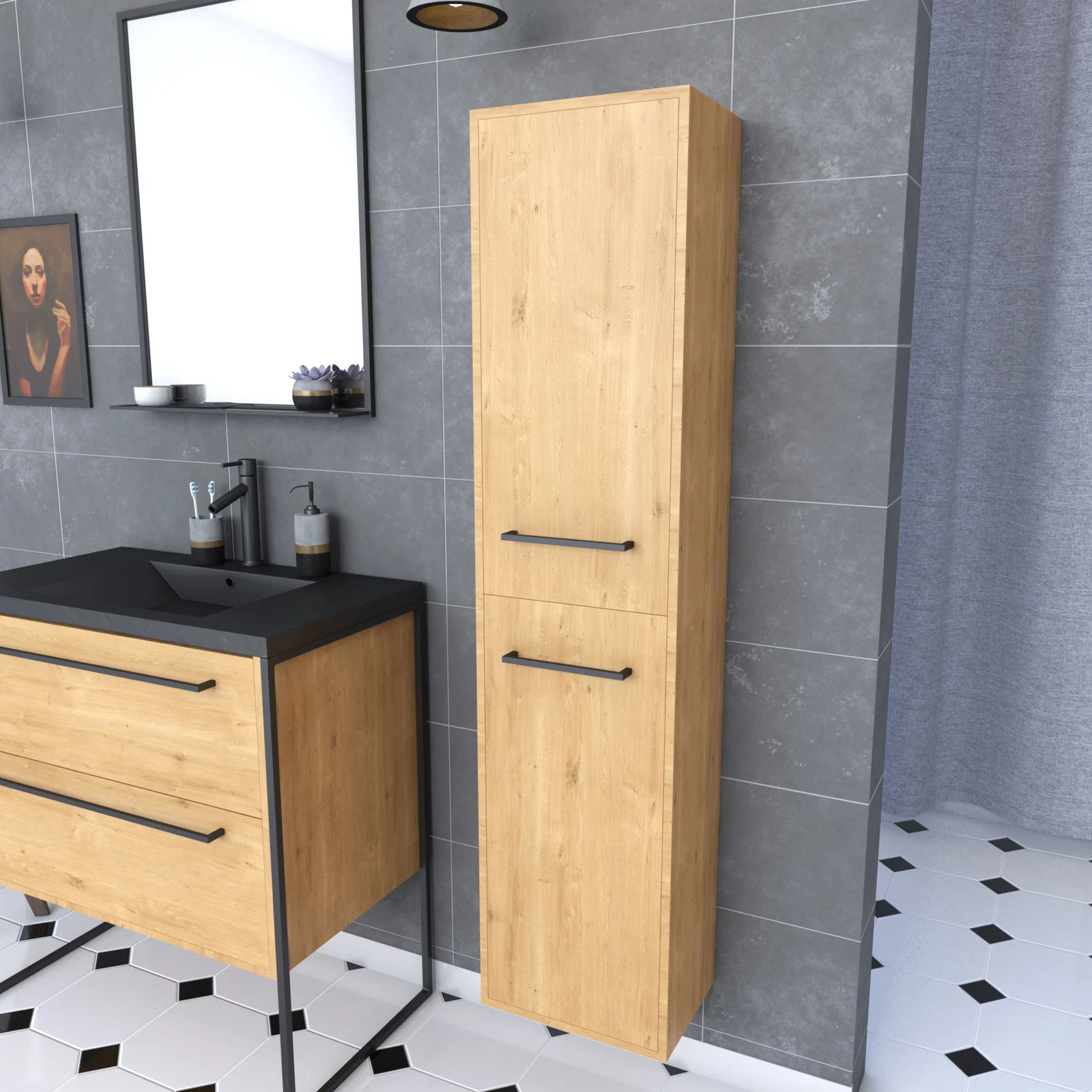 Colonne de salle de bain chêne brun 30x35x150 cm avec 2 portes chêne brun et poignées noir mat Colonne de salle de bain chêne brun 30x35x150 cm avec 2 portes chêne brun et poignées noir mat