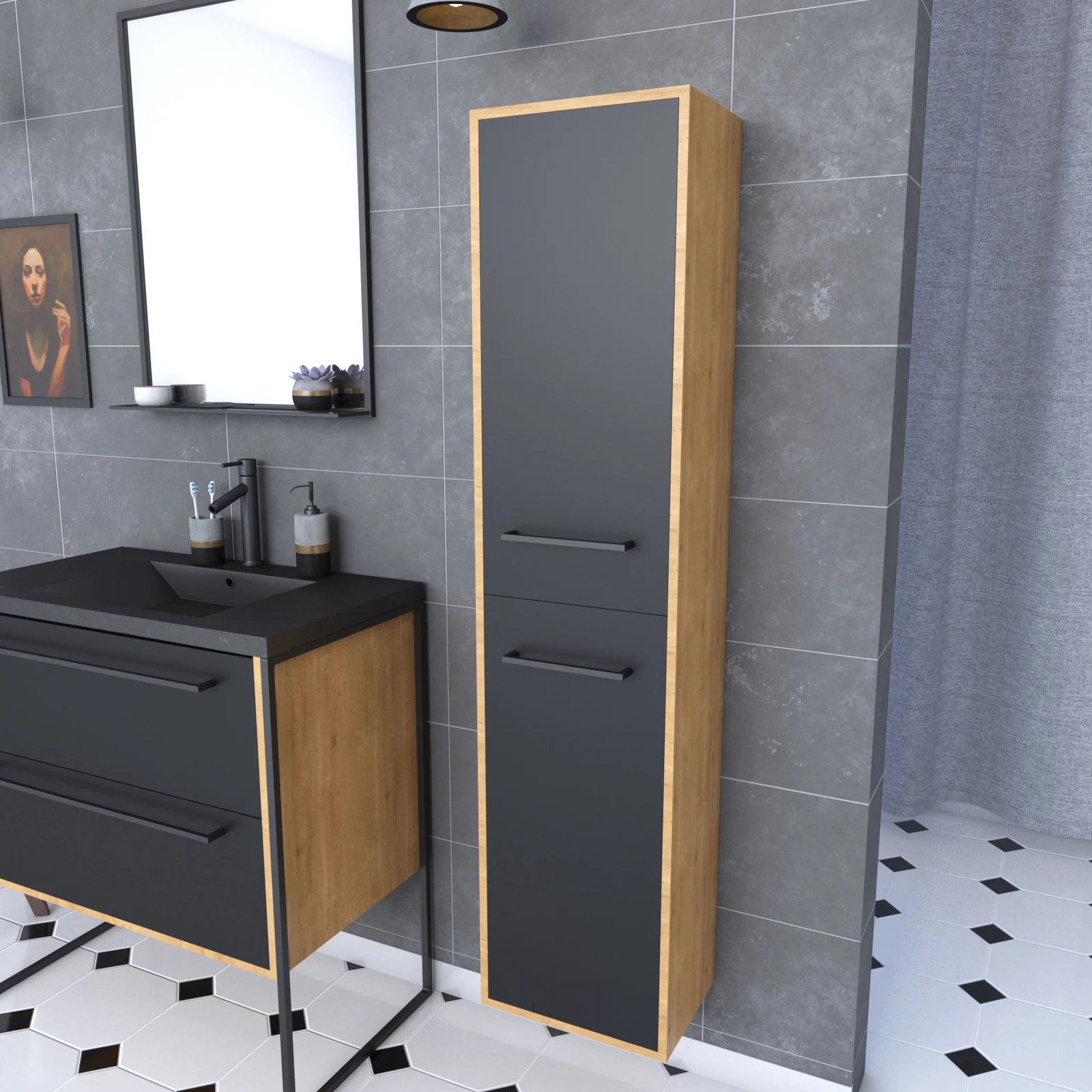 Colonne de salle de bain chene brun 30x35x150 cm avec 2 portes et poignees noir mat - STRUCTURA F083 Colonne de salle de bain chene brun 30x35x150 cm avec 2 portes et poignees noir mat - STRUCTURA F083