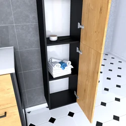 Colonne de salle de bain noir mat 30x35x150cm 2 portes chêne naturel poignées noir mat - STRUCTURA