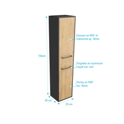 Colonne de salle de bain noir mat 30x35x150cm 2 portes chêne naturel poignées noir mat - STRUCTURA