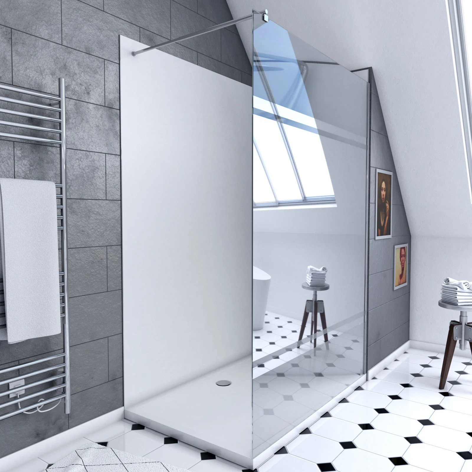 Ensemble complet douche à l'Italiennne avec Receveur 90x120 + Paroi miroir + Panneaux muraux blanc