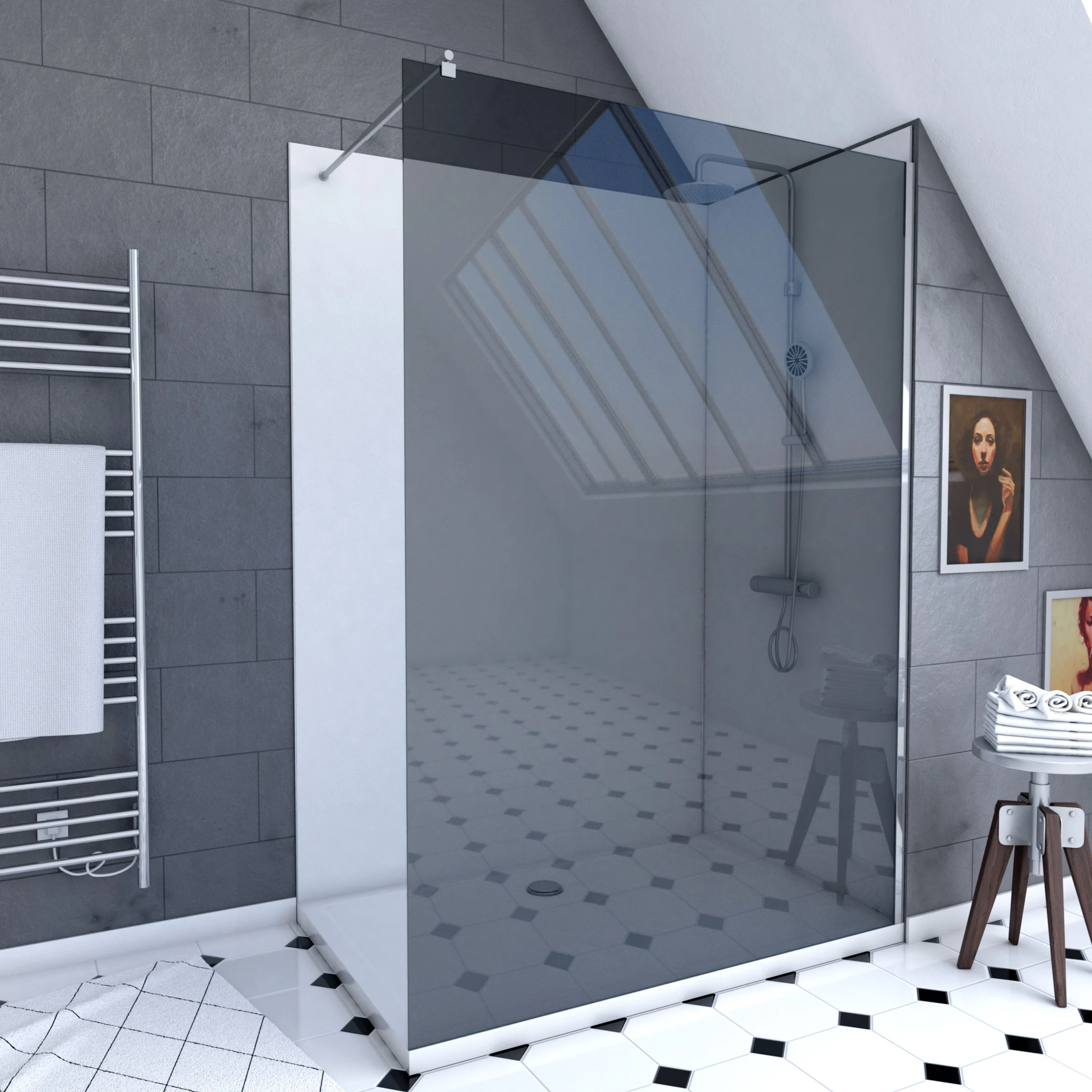 Pack douche à l'Italienne 90x120 - Kit Panneaux muraux Blanc/Chrome + receveur + Paroi Fumée 8 mm