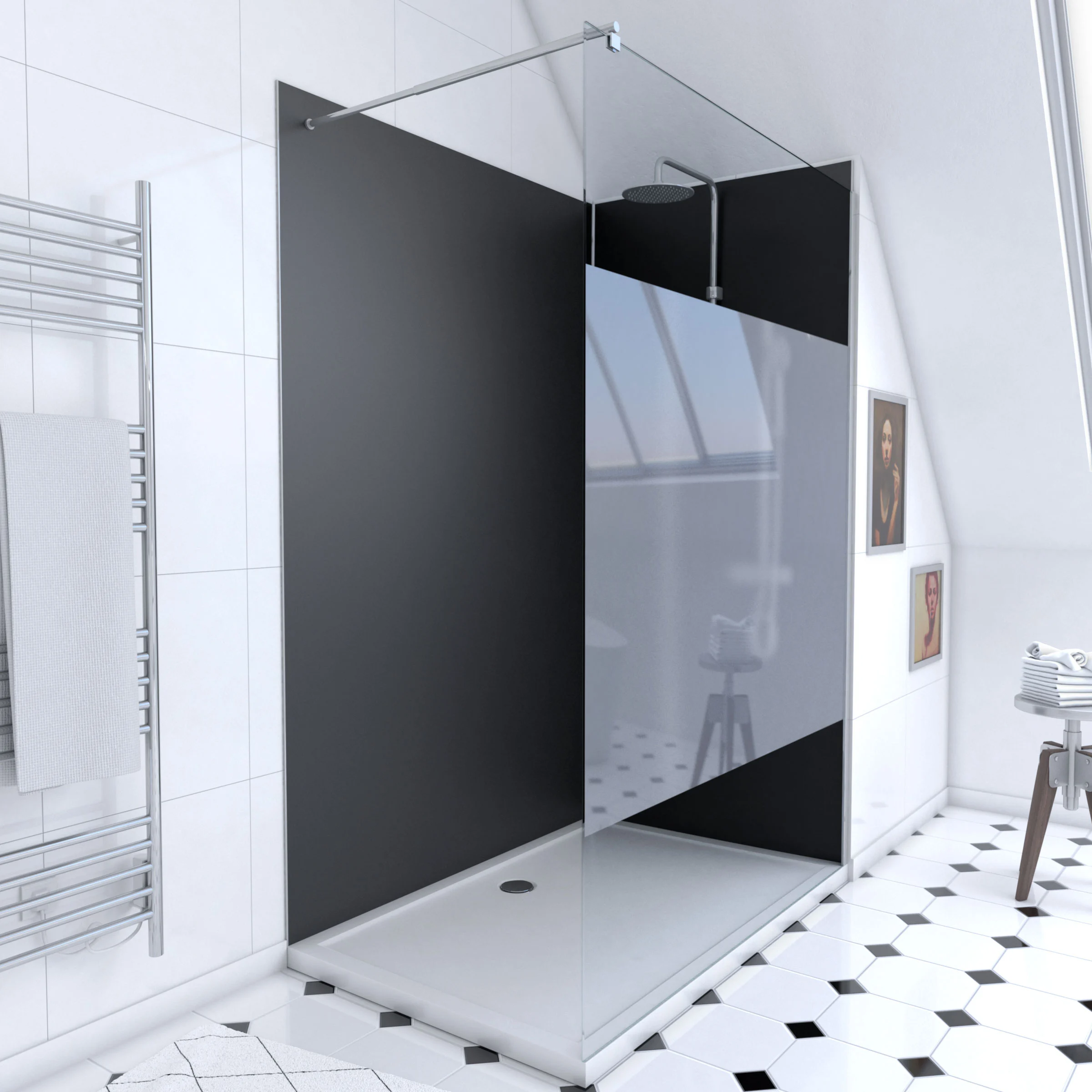 Pack Douche a l'Italienne 90x120 - Kit Panneaux Muraux Noir/Chrome + Receveur + Paroi Depolie 8 mm