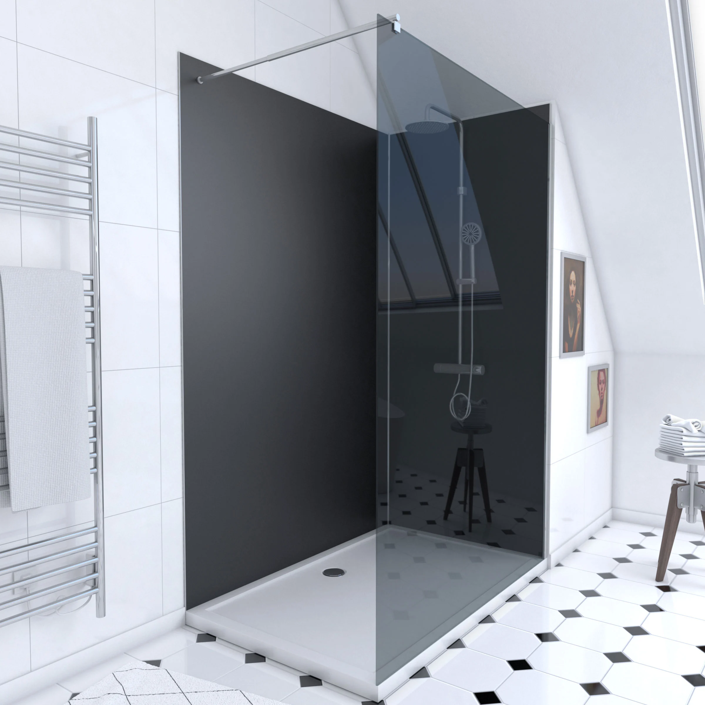 Pack Douche a l'Italienne 90x120 - Kit Panneaux Muraux Noir/Chrome + Receveur + Paroi Fumee 8 mm