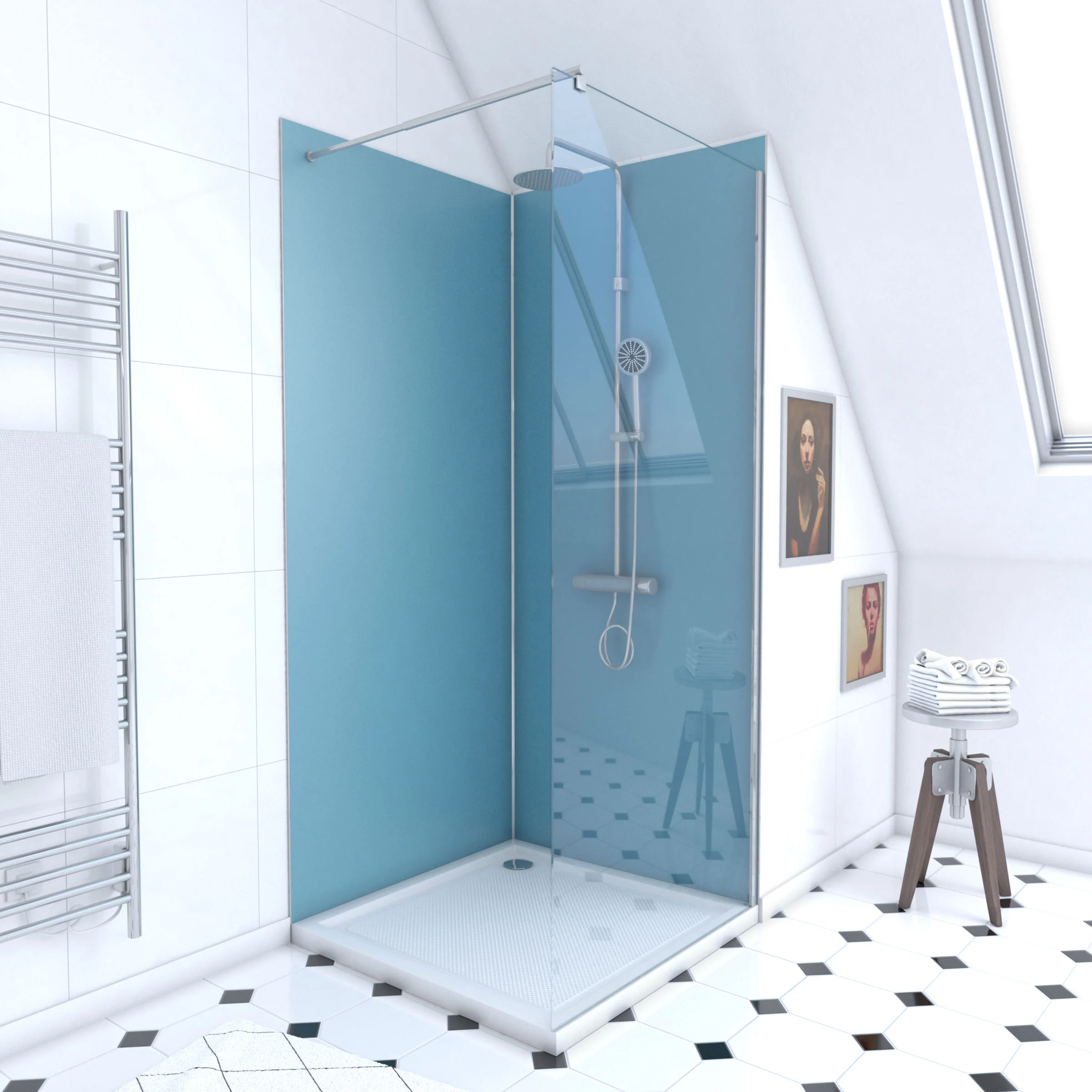 Pack Douche a l'Italienne 90x90 - Kit Panneaux Muraux Bleu/Chrome + Receveur + Paroi 6 mm