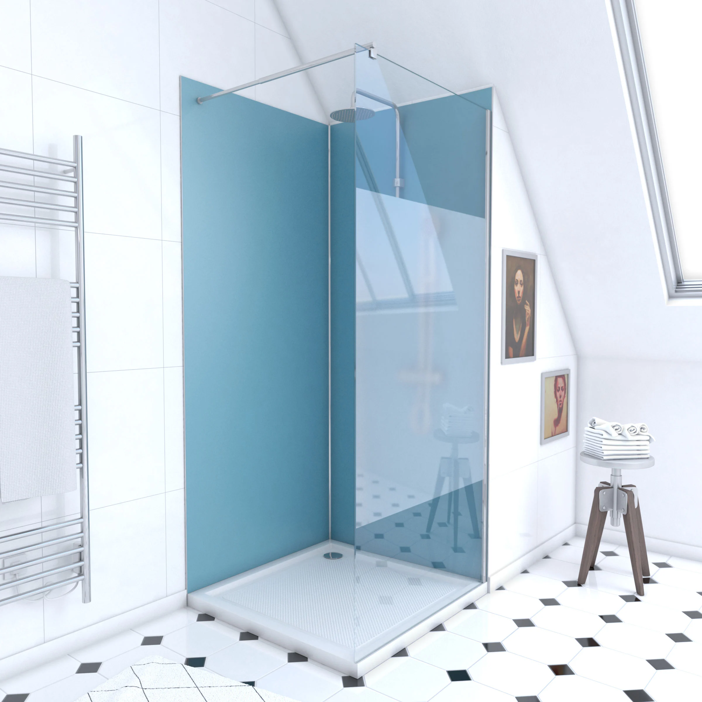 Pack Douche a l'Italienne 90x90 - Kit Panneaux Muraux Bleu/Chrome + Receveur + Paroi Depolie 8 mm