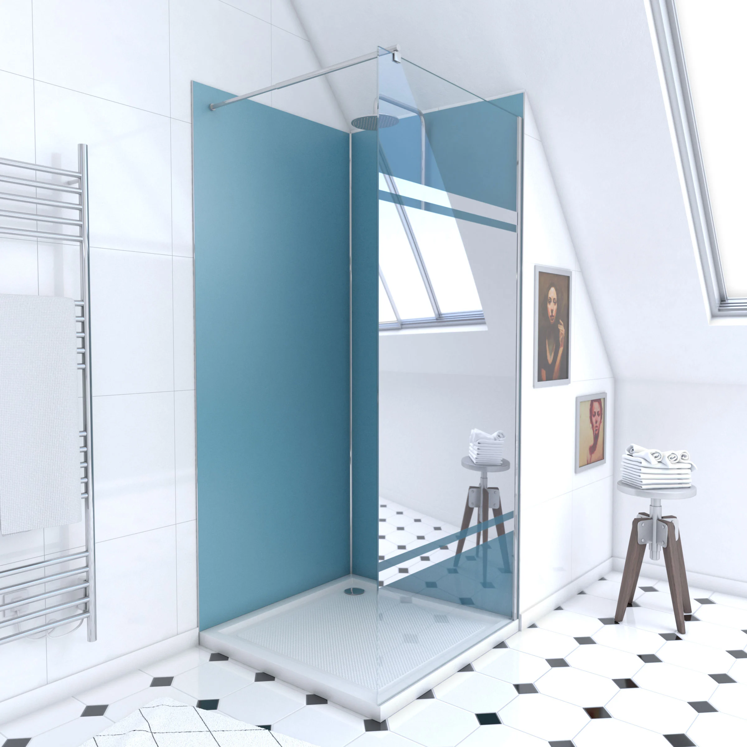Pack Douche a l'Italienne 90x90 - Kit Panneaux Muraux Bleu/Chrome + Receveur + Paroi Miroir 8 mm