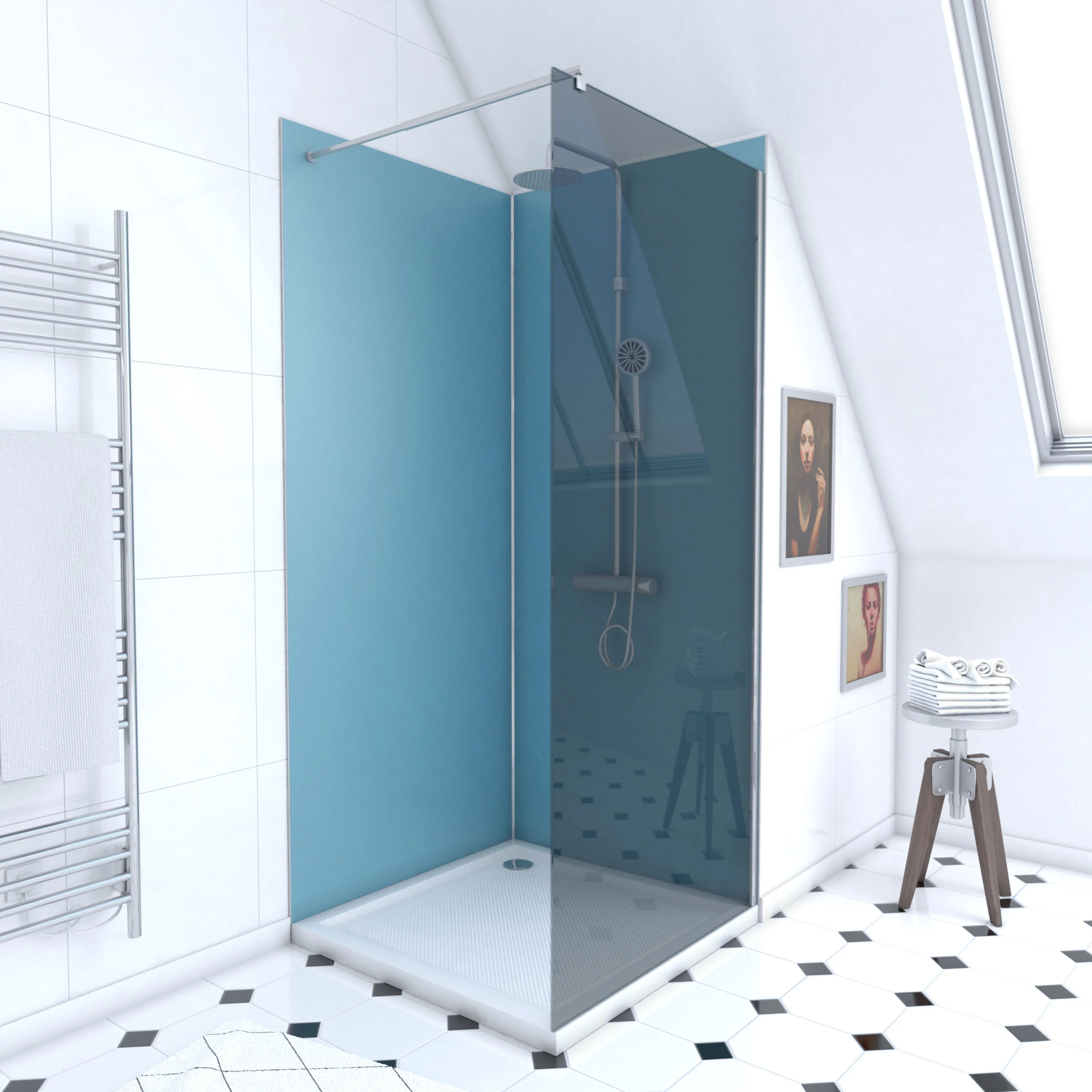 Pack Douche a l'Italienne 90x90 - Kit Panneaux Muraux Bleu/Chrome + Receveur + Paroi Fumee 8 mm
