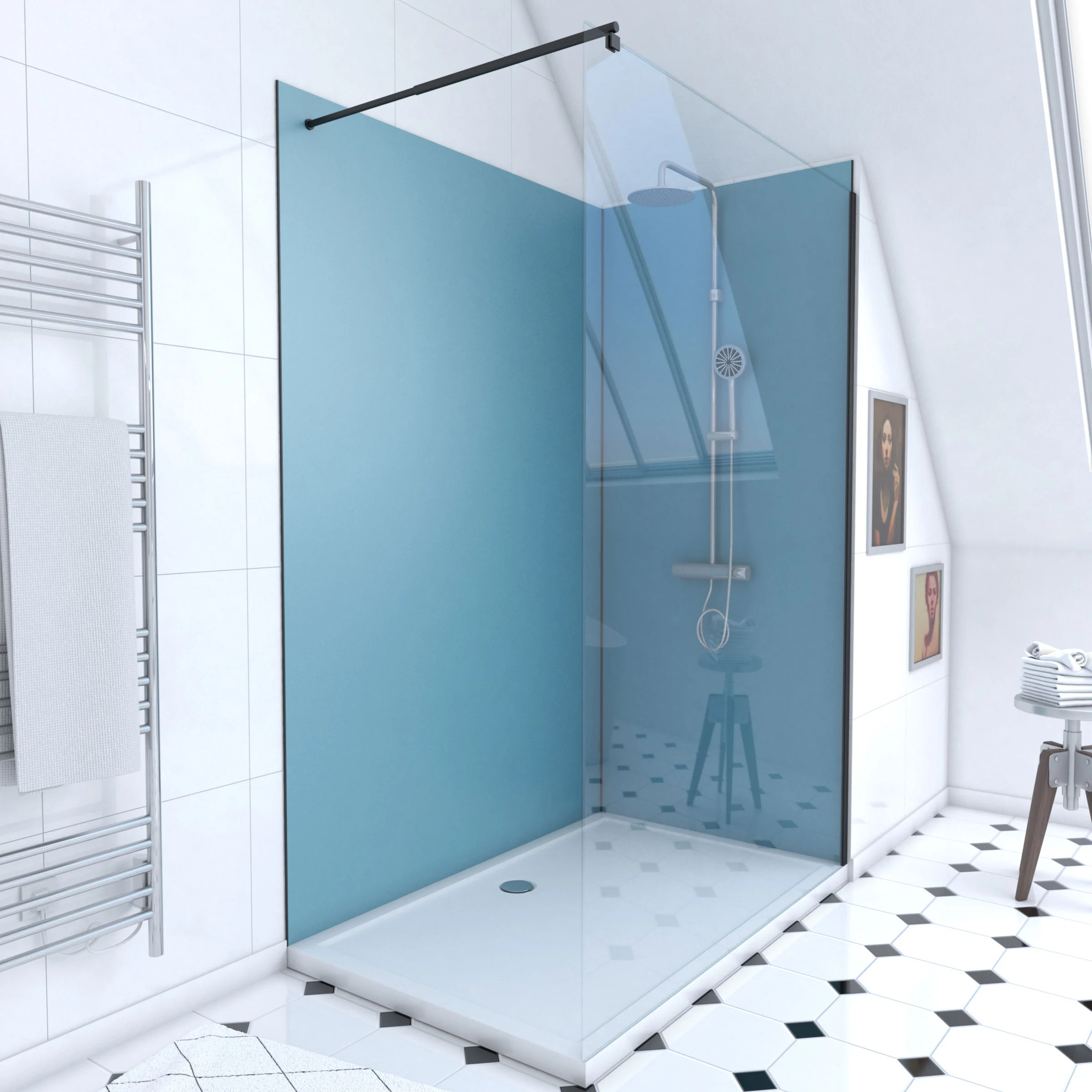 Pack Douche à l'Italienne 90x120 - Kit Panneaux Muraux Bleu/Noir + Receveur + Paroi Transparente