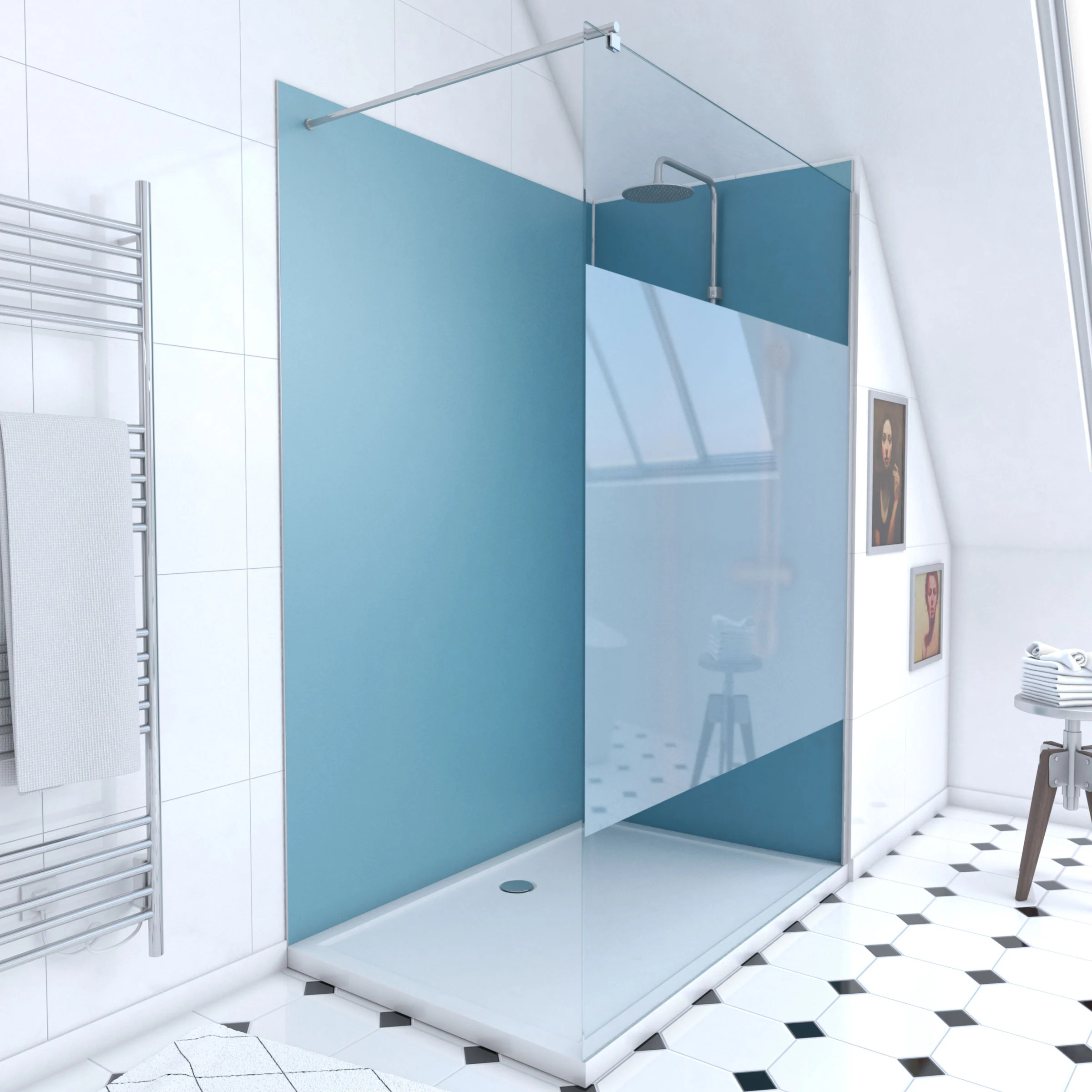 Pack Douche a l'Italienne 90x120 - Kit Panneaux Muraux Bleu/Chrome + Receveur + Paroi Depolie 8 mm