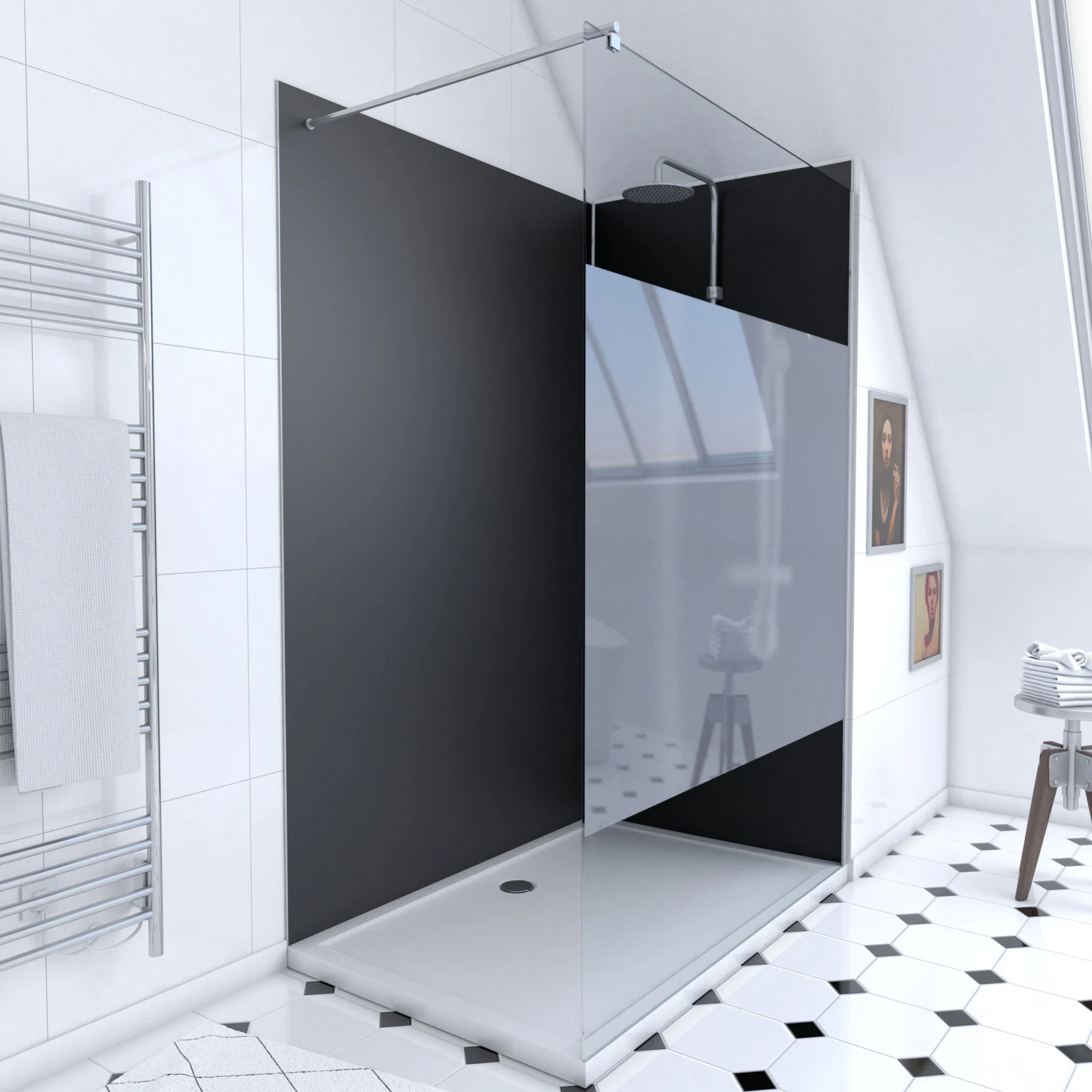 Ensemble complet douche à l'Italiennne avec Receveur 90x90 + Paroi dépolie + Panneaux muraux