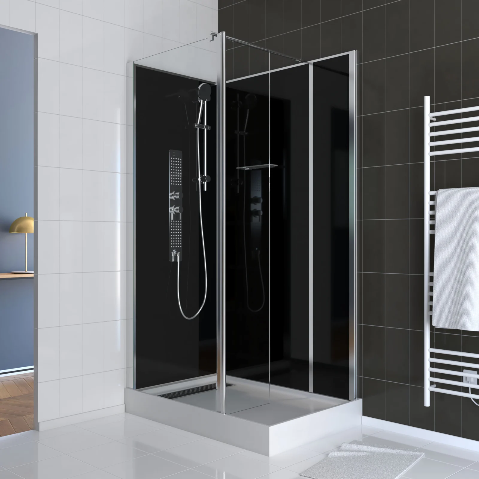 Ensemble complet douche à l'italiennne receveur haut 80x120 + panneaux + paroi + volet + colonne Ensemble complet douche à l'italiennne receveur haut 80x120 + panneaux + paroi + volet + colonne