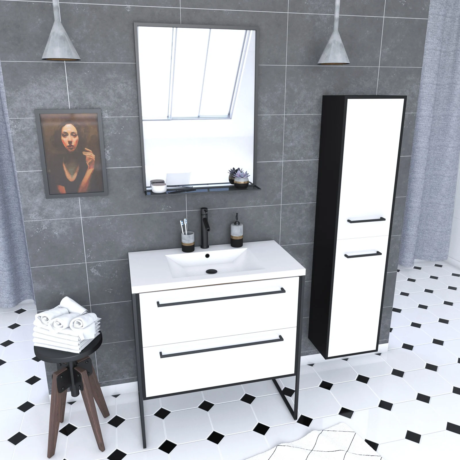 Ensemble de salle de bain 80 cm Blanc finition noir + vasque blanche+ miroir  + colonne de rangement