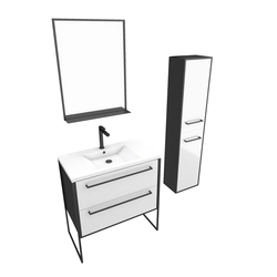 Ensemble de salle de bain 80 cm Blanc finition noir + vasque blanche+ miroir  + colonne de rangement