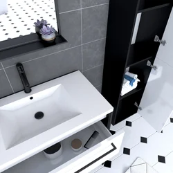Ensemble de salle de bain 80 cm Blanc finition noir + vasque blanche+ miroir  + colonne de rangement