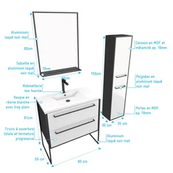 Ensemble de salle de bain 80 cm Blanc finition noir + vasque blanche+ miroir  + colonne de rangement