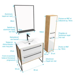 Ensemble de salle de bain 80cm + vasque blanche 80x50 + tiroir blanc mat + miroir + colonne