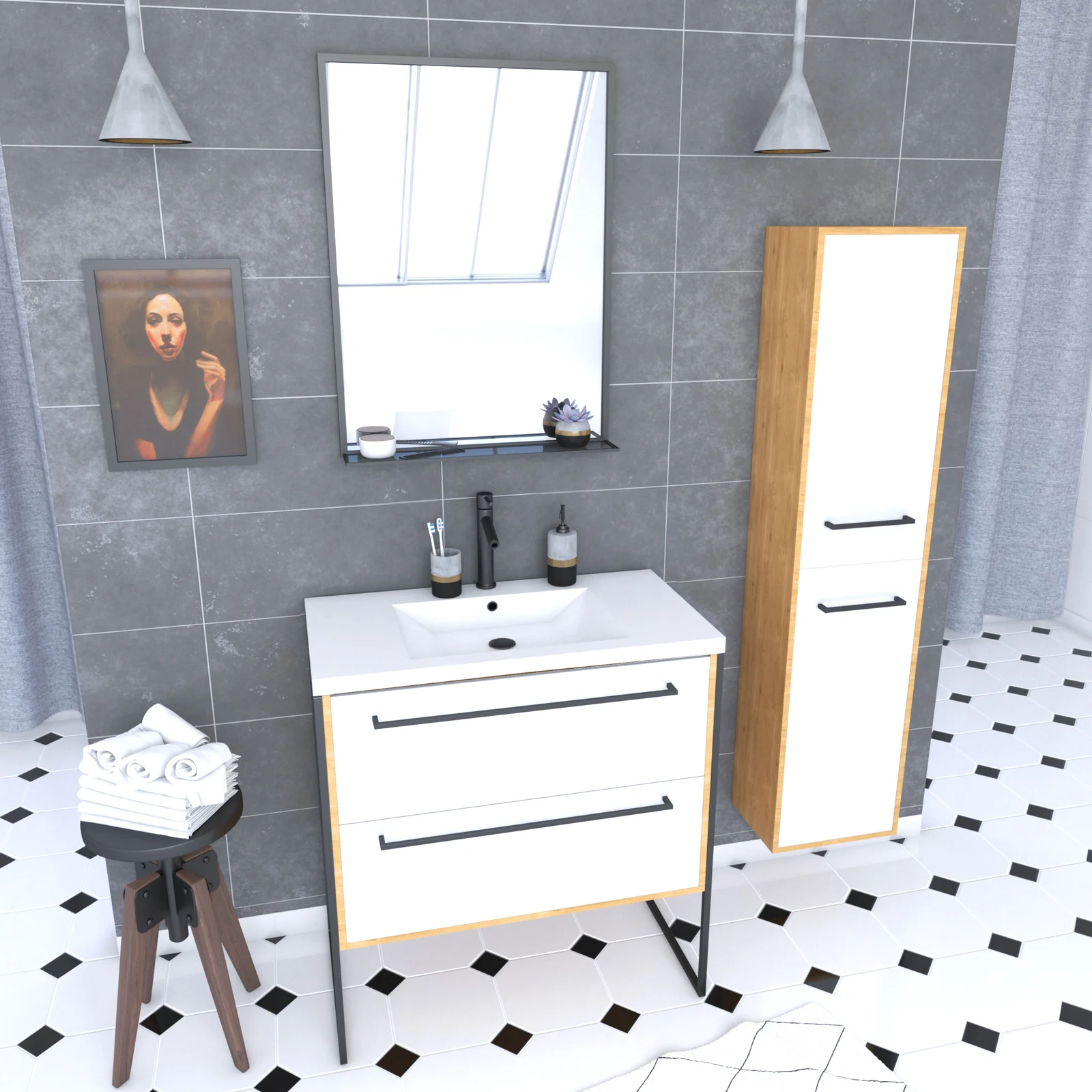 Ensemble de salle de bain 80cm + vasque blanche 80x50 + tiroir blanc mat + miroir + colonne Ensemble de salle de bain 80cm + vasque blanche 80x50 + tiroir blanc mat + miroir + colonne