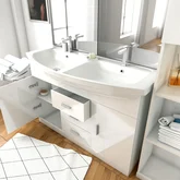 Ensemble de salle de bain blanc 120cm - Double vasque céramique + miroir LED + colonne 2 portes