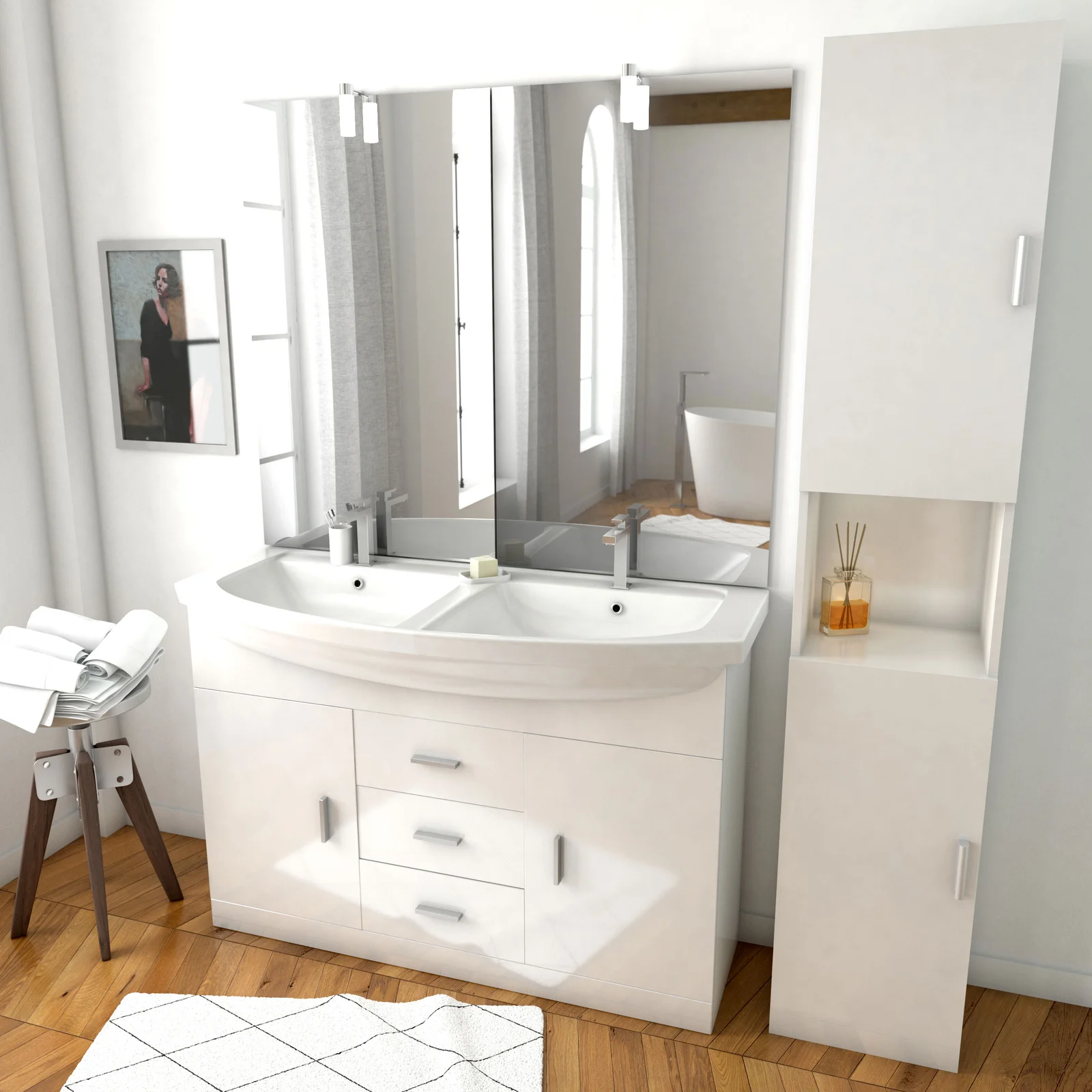 Ensemble de salle de bain blanc 120cm - Double vasque céramique + miroir LED + colonne 2 portes Ensemble de salle de bain blanc 120cm - Double vasque céramique + miroir LED + colonne 2 portes