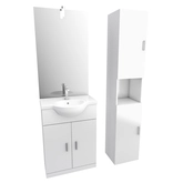 Ensemble de salle de bain blanc 60cm + vasque en céramique blanche + miroir LED + colonne 2 portes