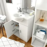 Ensemble de salle de bain blanc 60cm + vasque en céramique blanche + miroir LED + colonne 2 portes