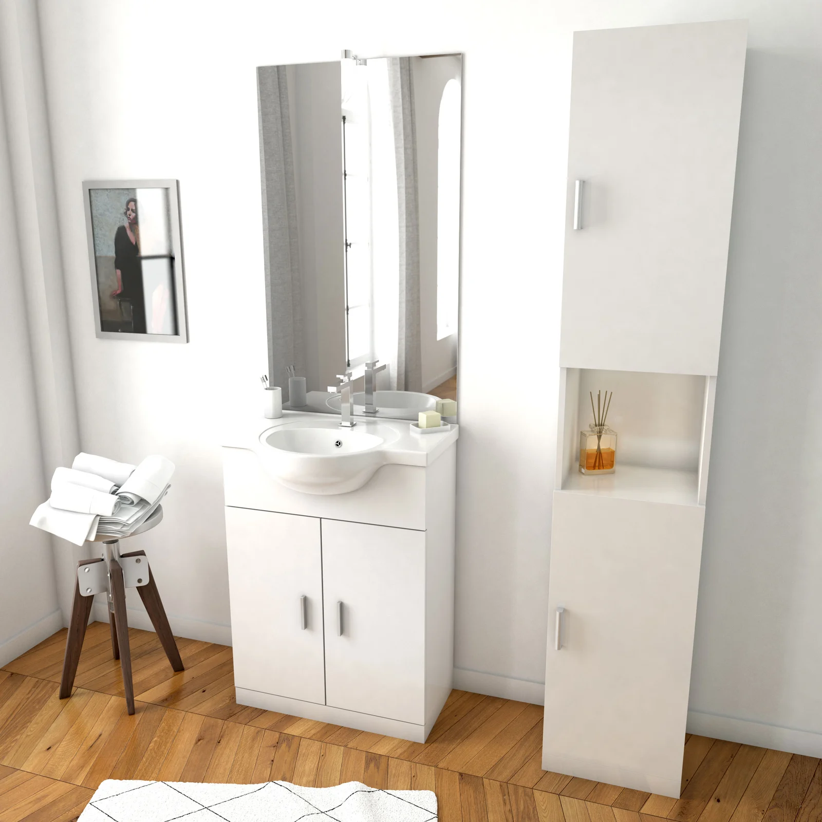 Ensemble de salle de bain blanc 60cm + vasque en céramique blanche + miroir LED + colonne 2 portes Ensemble de salle de bain blanc 60cm + vasque en céramique blanche + miroir LED + colonne 2 portes