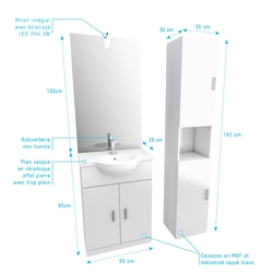 Ensemble de salle de bain blanc 60cm + vasque en céramique blanche + miroir LED + colonne 2 portes