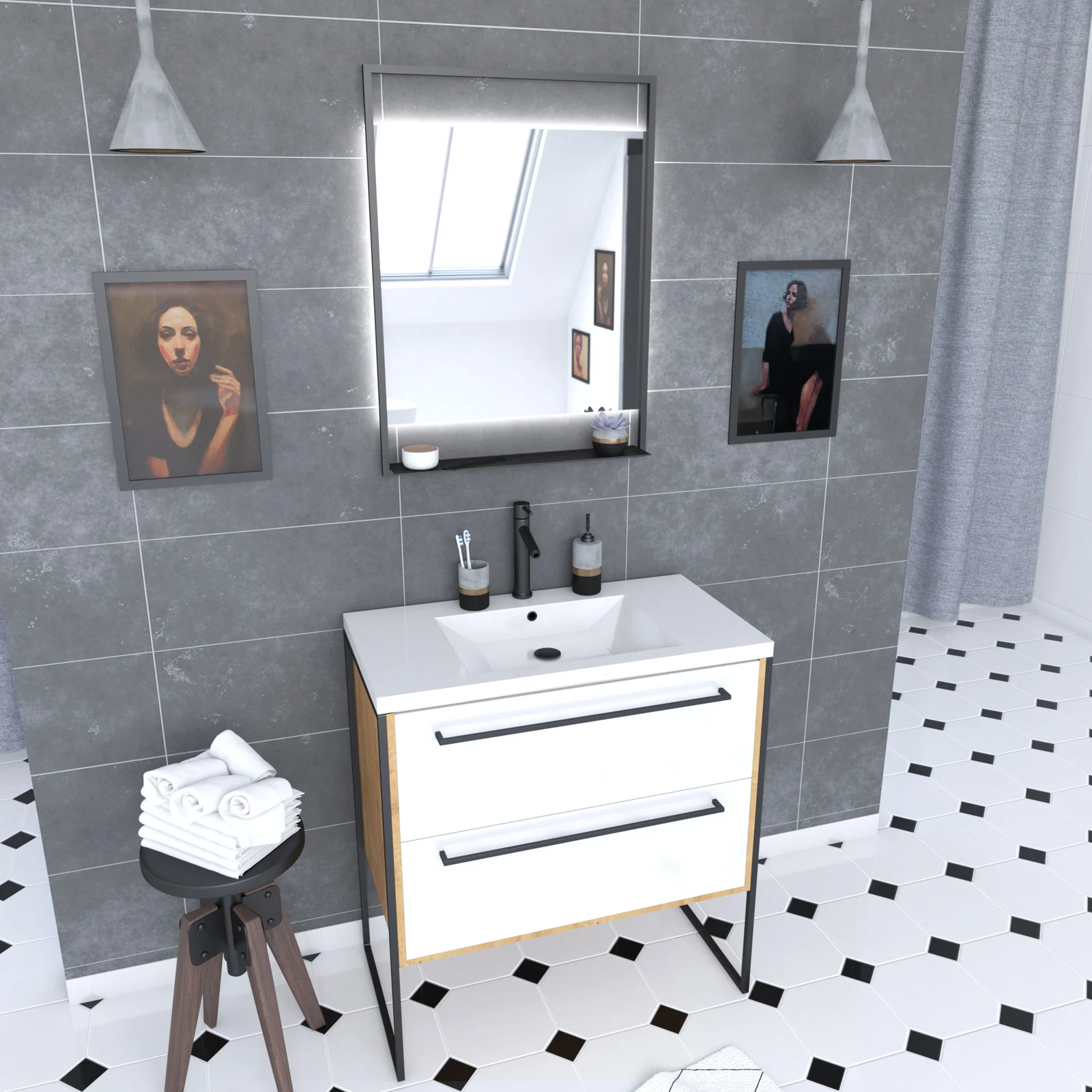 Ensemble de salle de bain blanc 80cm+ vasque en resine blanche 80x50 + tiroirs blanc mat + mirroir Ensemble de salle de bain blanc 80cm+ vasque en resine blanche 80x50 + tiroirs blanc mat + mirroir