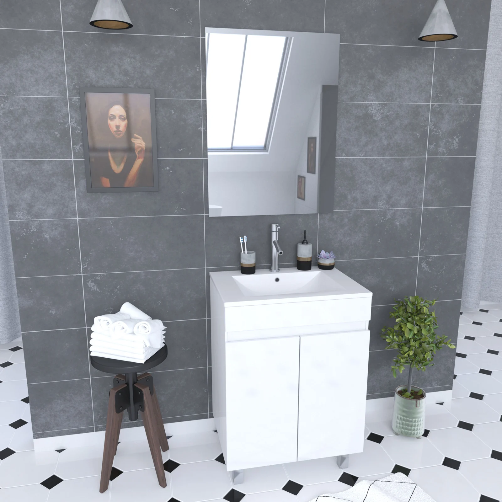 Ensemble meuble de salle de bain 60x45x81-meuble MDF-melamine brillant blanc-vasque ceramique+miroir