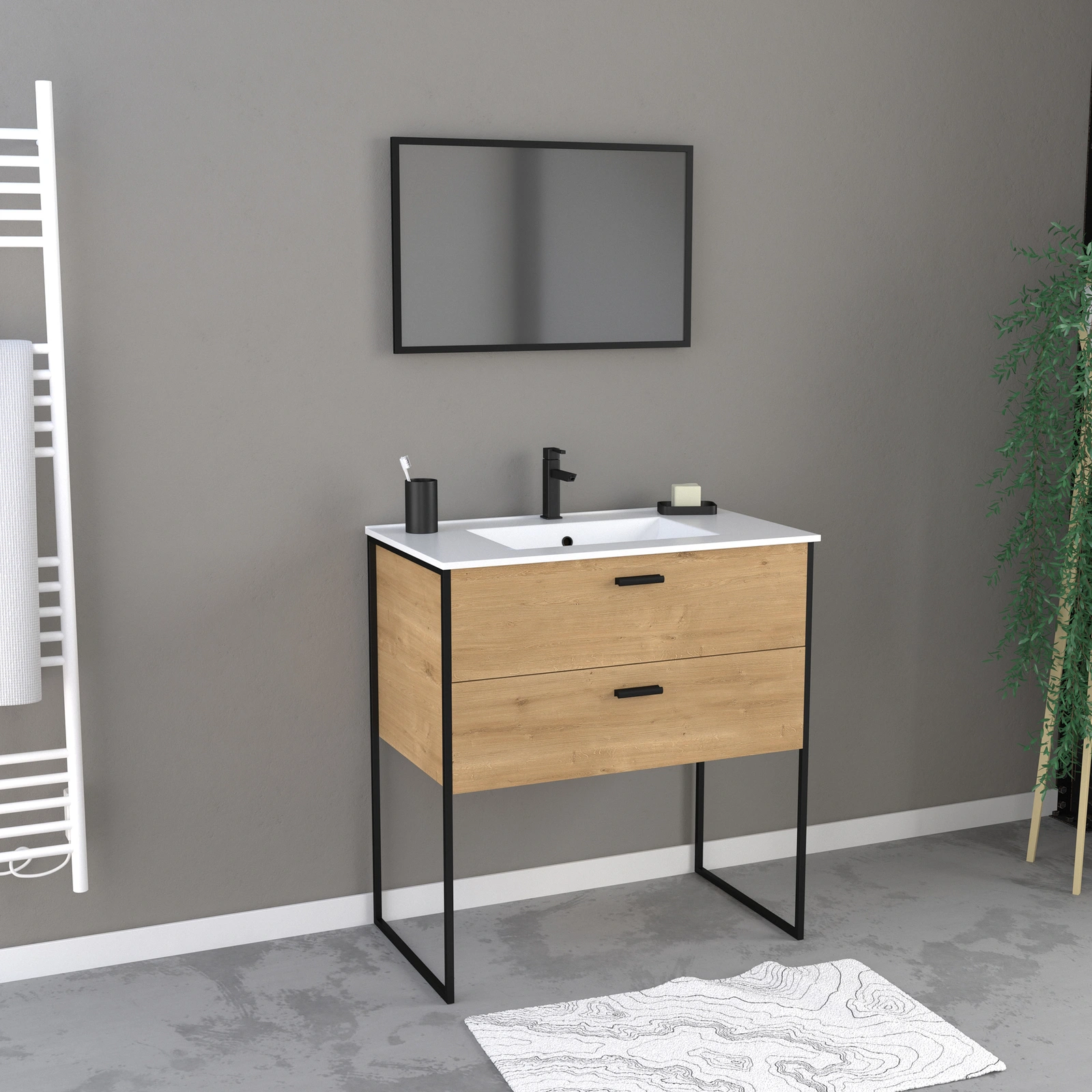 Ensemble meuble de salle de bain 80x45cm style industriel couleur chene  naturel - vasque blanche - Aurlane