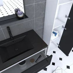 Ensemble meuble de salle de bain 80x50 cm - vasque noir effet pierre + colonne noir mat + miroir