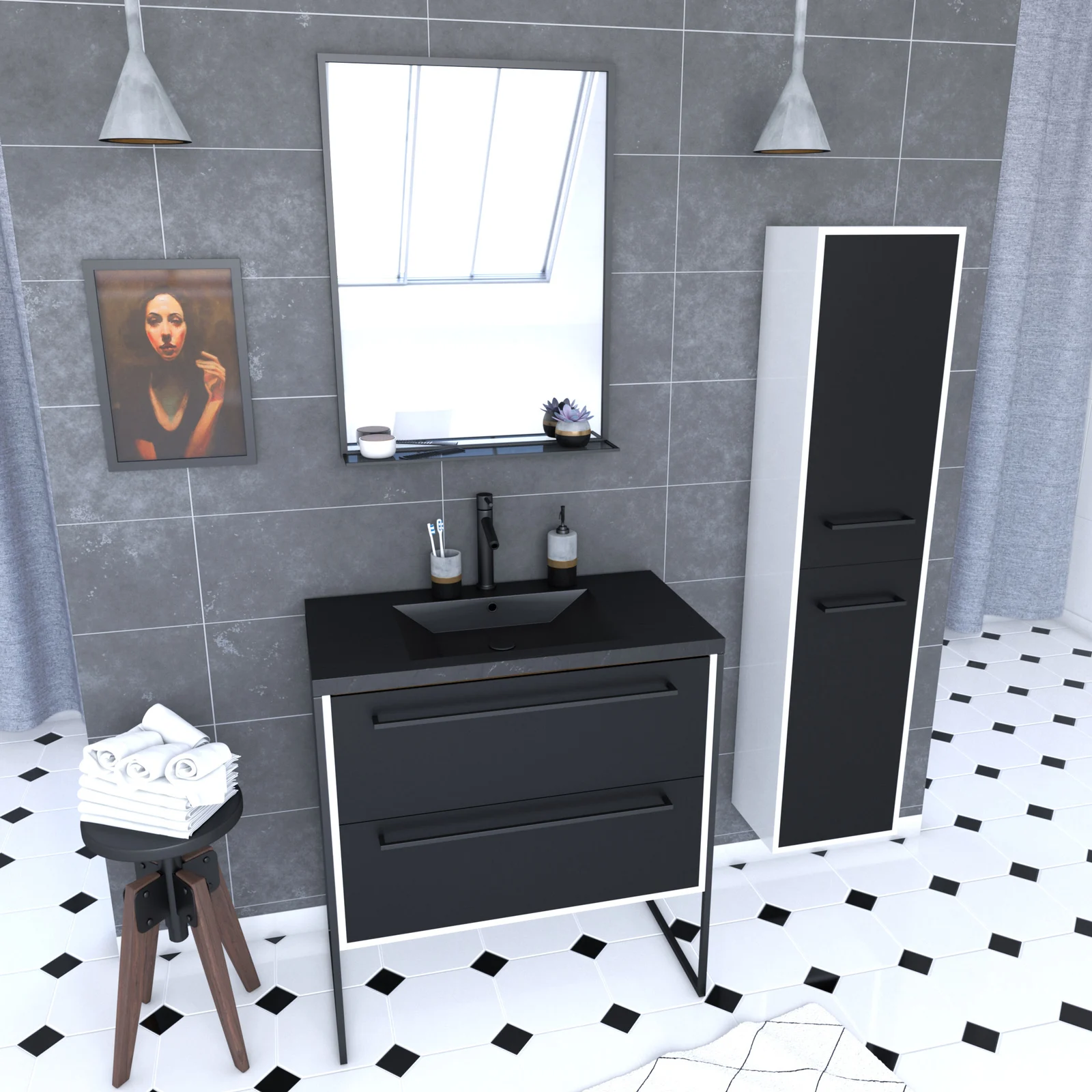 Ensemble meuble de salle de bain 80x50 cm - vasque noir effet pierre + colonne noir mat + miroir Ensemble meuble de salle de bain 80x50 cm - vasque noir effet pierre + colonne noir mat + miroir