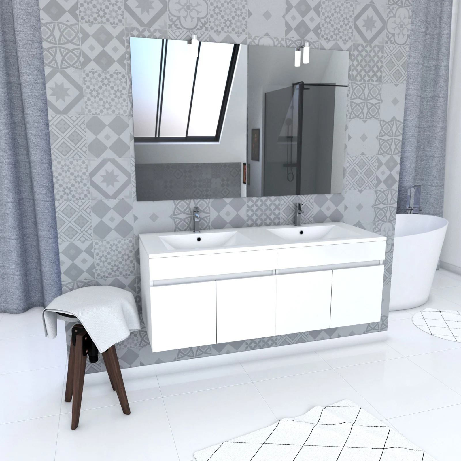 Ensemble Meuble de salle de bain blanc 120cm suspendu a portes + vasque ceramique blanche + miroir Ensemble Meuble de salle de bain blanc 120cm suspendu a portes + vasque ceramique blanche + miroir