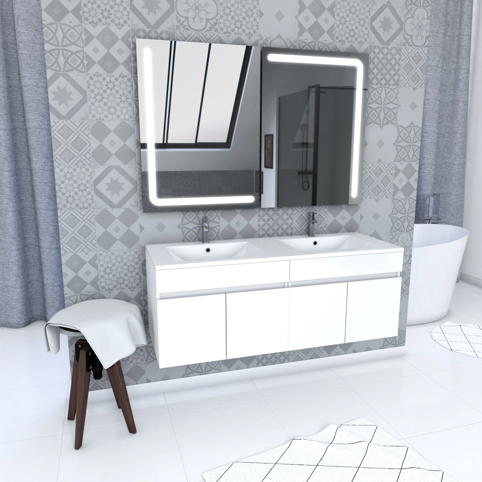 Ensemble Meuble de salle de bain blanc 120cm suspendu a portes + vasque ceramique blanche + miroir