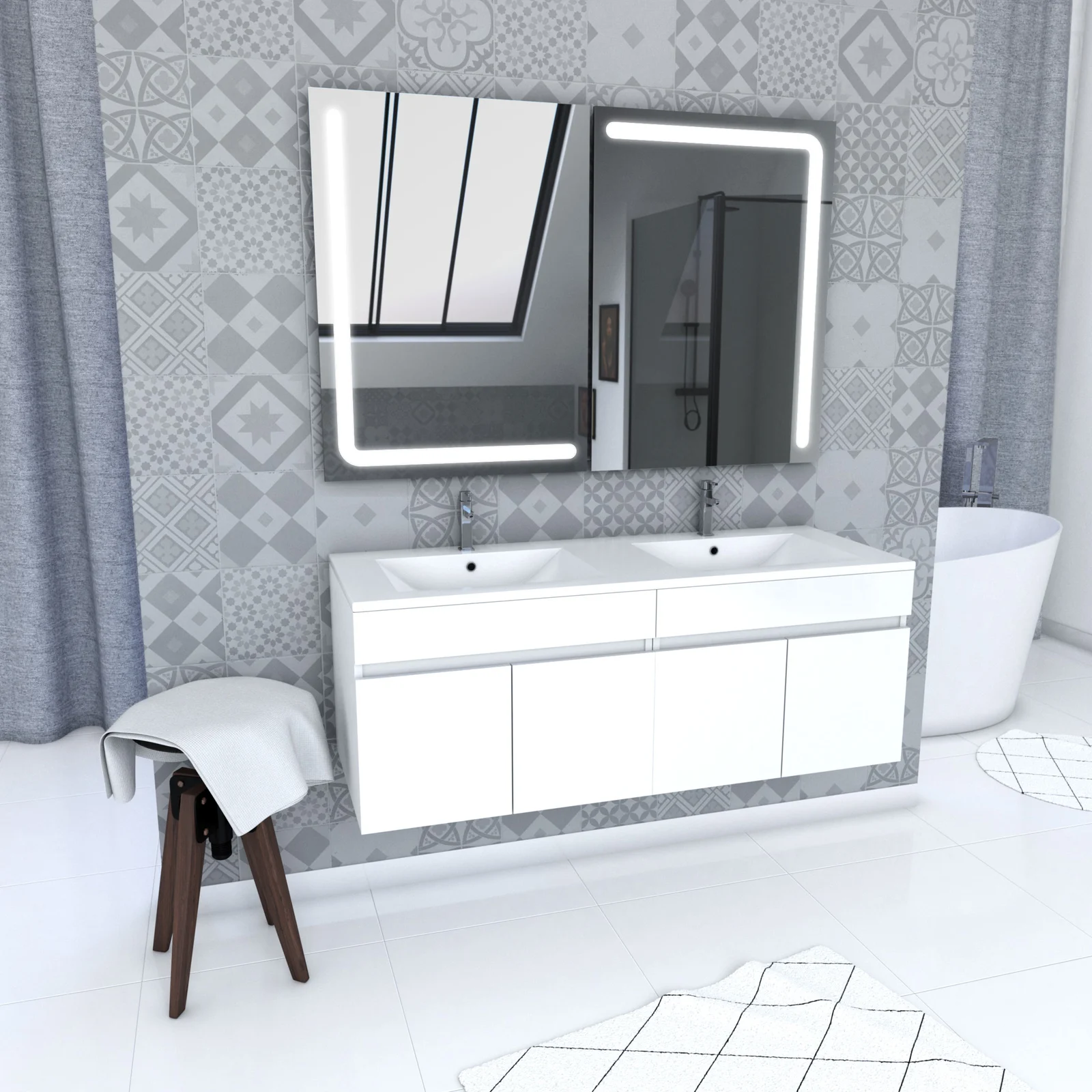 Ensemble Meuble de salle de bain blanc 120cm suspendu a portes + vasque ceramique blanche + miroir Ensemble Meuble de salle de bain blanc 120cm suspendu a portes + vasque ceramique blanche + miroir