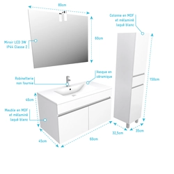 Ensemble Meuble de salle de bain blanc 60cm suspendu a portes + vasque ceramique blanche + miroir