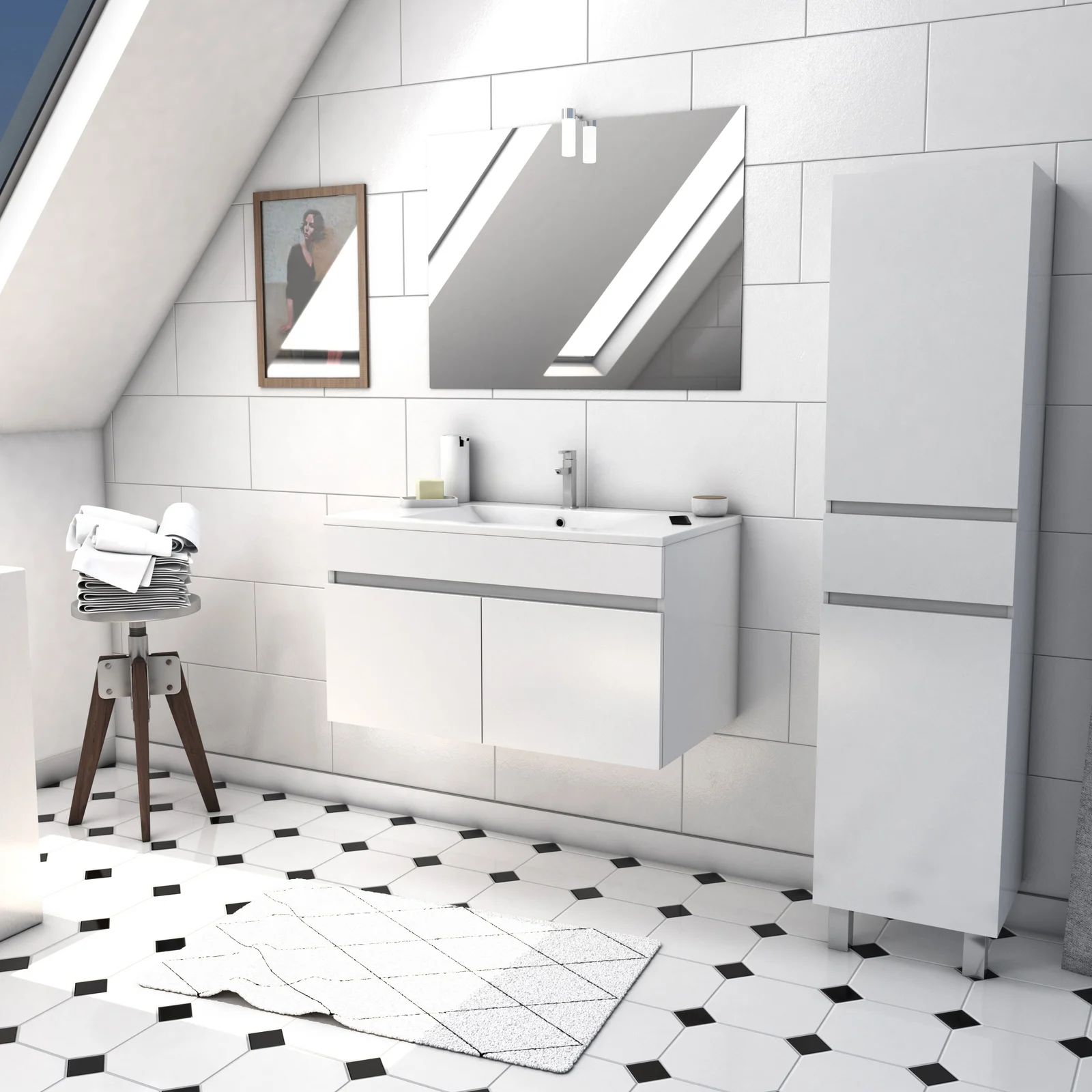 Ensemble Meuble de salle de bain blanc 60cm suspendu a portes + vasque ceramique blanche + miroir Ensemble Meuble de salle de bain blanc 60cm suspendu a portes + vasque ceramique blanche + miroir