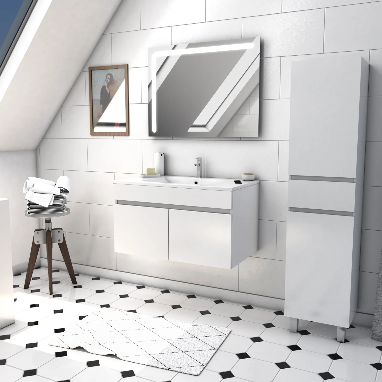Ensemble Meuble de salle de bain blanc 60cm suspendu a portes + vasque ceramique blanche + miroir Ensemble Meuble de salle de bain blanc 60cm suspendu a portes + vasque ceramique blanche + miroir
