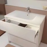 Ensemble Meuble de salle de bain blanc 80 cm sur pied 3 tiroirs + vasque ceramique blanche + miroir