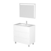 Ensemble Meuble de salle de bain blanc 80 cm sur pied 3 tiroirs + vasque ceramique blanche + miroir