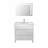 Ensemble Meuble de salle de bain blanc 80 cm sur pied 3 tiroirs + vasque ceramique blanche + miroir