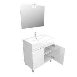 Ensemble Meuble de salle de bain blanc 80 cm sur pied + vasque ceramique blanche + miroir led