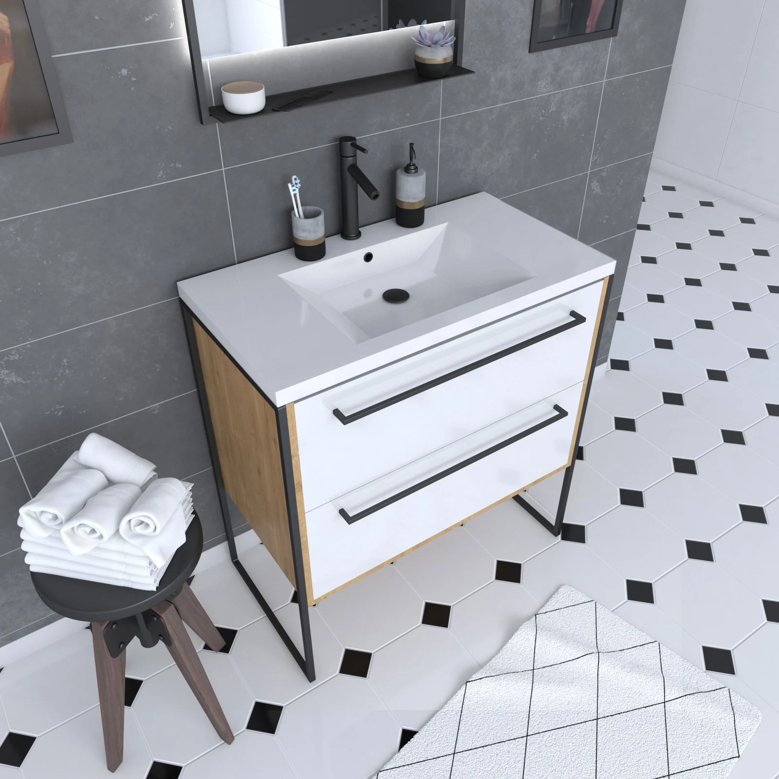 Ensemble Meuble de salle de bain blanc 80cm + vasque en résine blanche 80x50 + tiroirs blanc mat Ensemble Meuble de salle de bain blanc 80cm + vasque en résine blanche 80x50 + tiroirs blanc mat