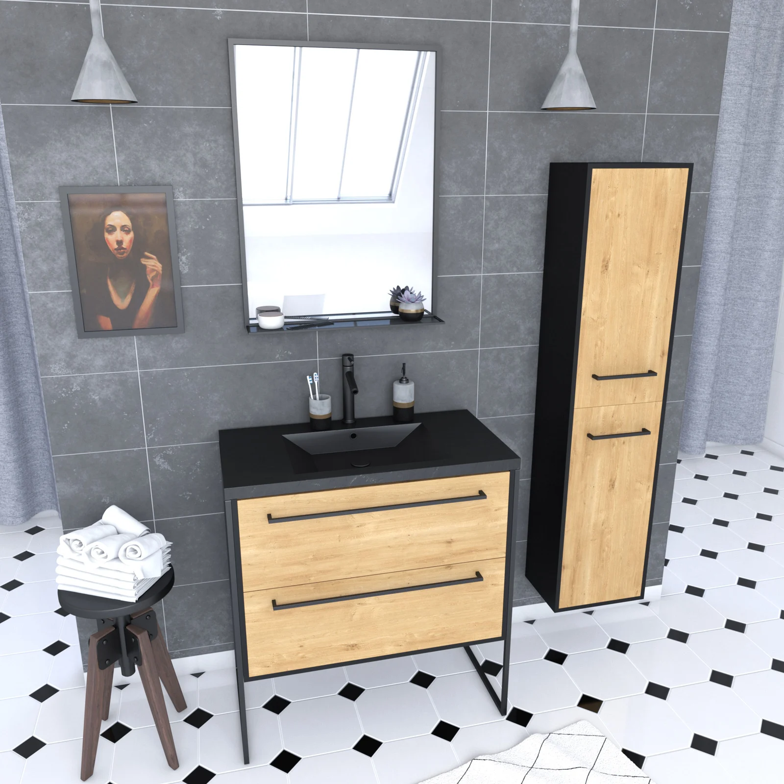 Ensemble Meuble de salle de bain blanc 80cm + vasque noir effet pierre + miroir + colonne rangement 